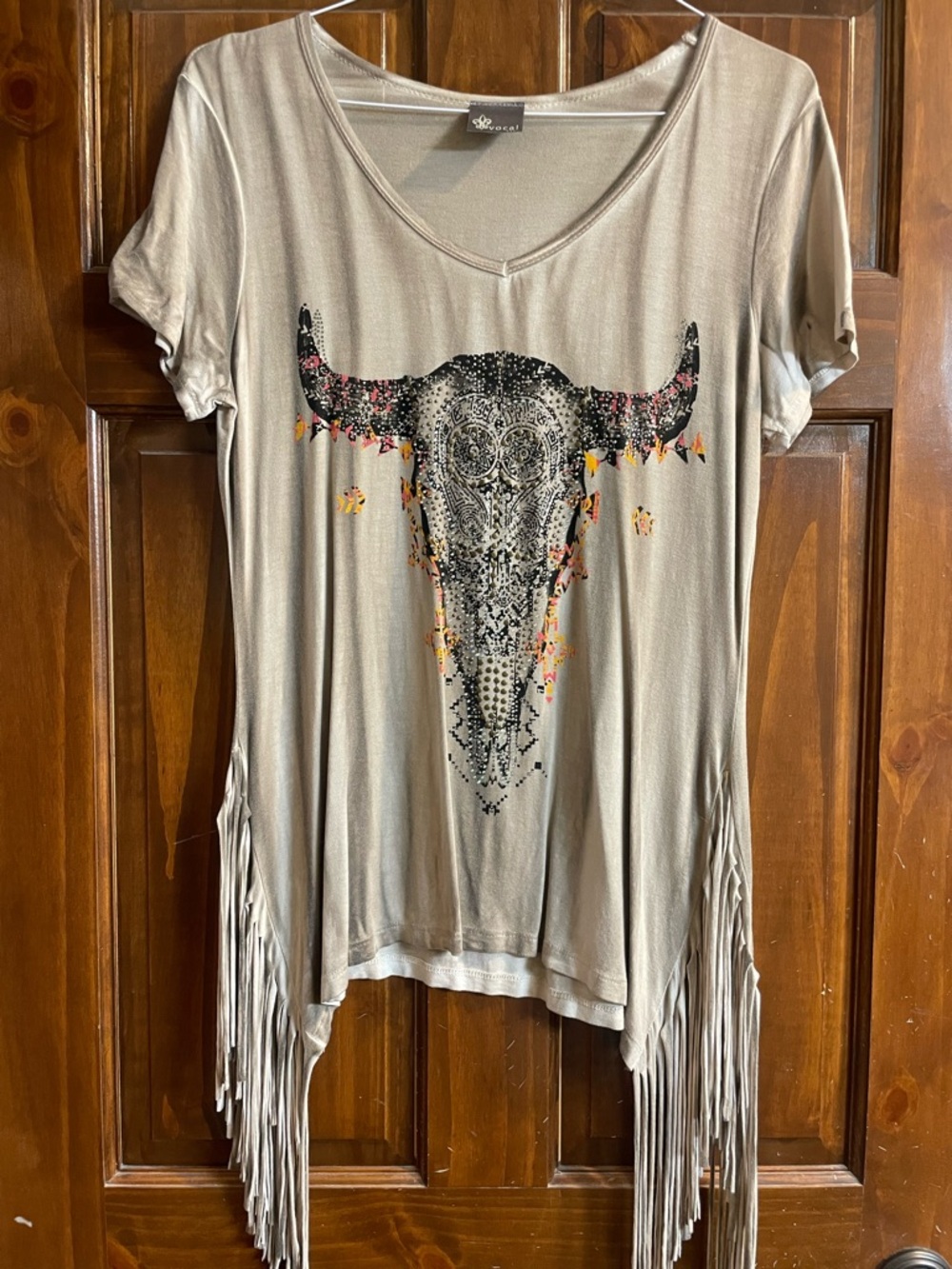 Vocal Taupe Fringe Tee with Buffalo Skull Graphic FRINGE